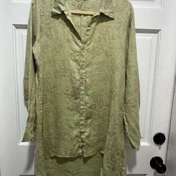 CP Shades Sage Green Beige Floral 100% Linen Tunic Dress size M - Picture 2 of 7